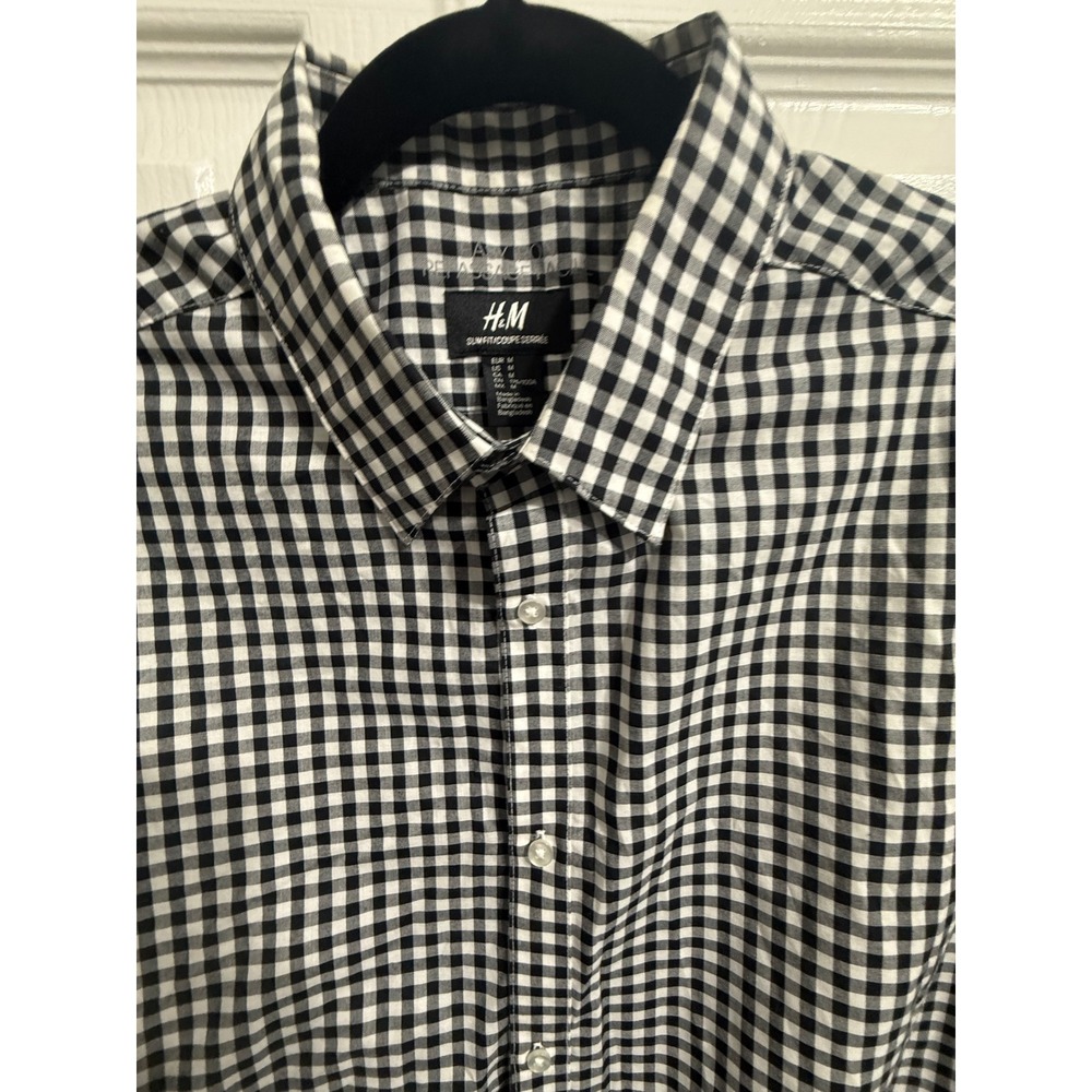 HM Slim Fit Easy Iron Gingham Button Down Shirt Black White Size M
